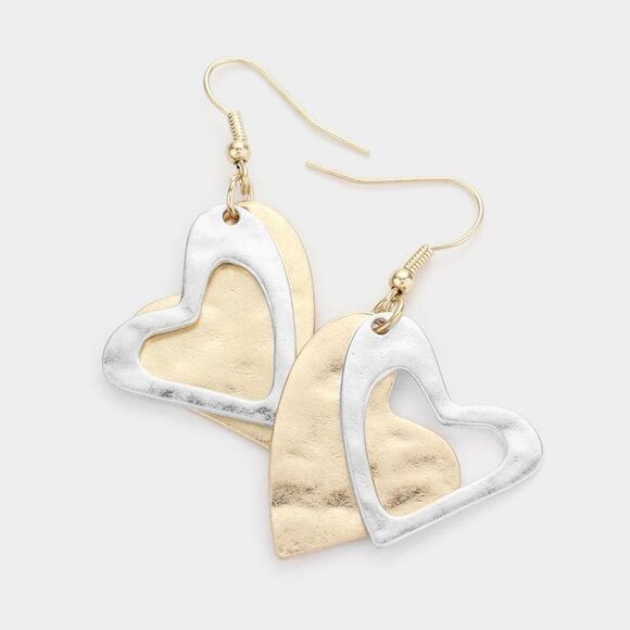 5/$25 Heart Two Tone Double Metal Layered Earrings - Picture 1 of 7